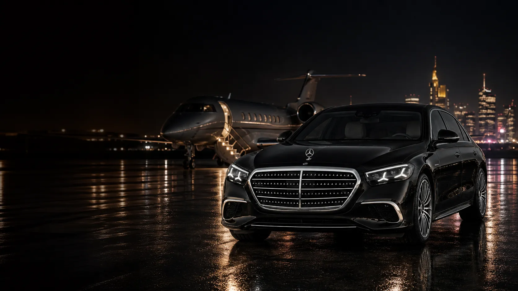 Schwarze Mercedes-Benz S-Klasse des Limousinenservice in Frankfurt bei Nacht