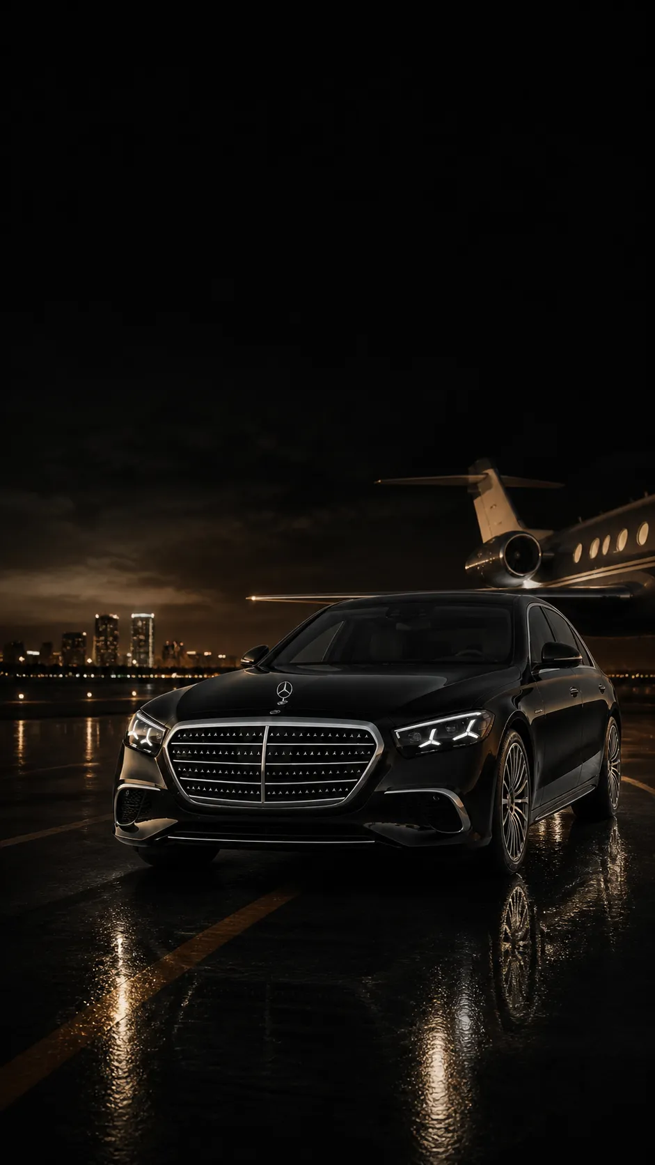Schwarze Mercedes-Benz S-Klasse des Limousinenservice in Frankfurt bei Nacht
