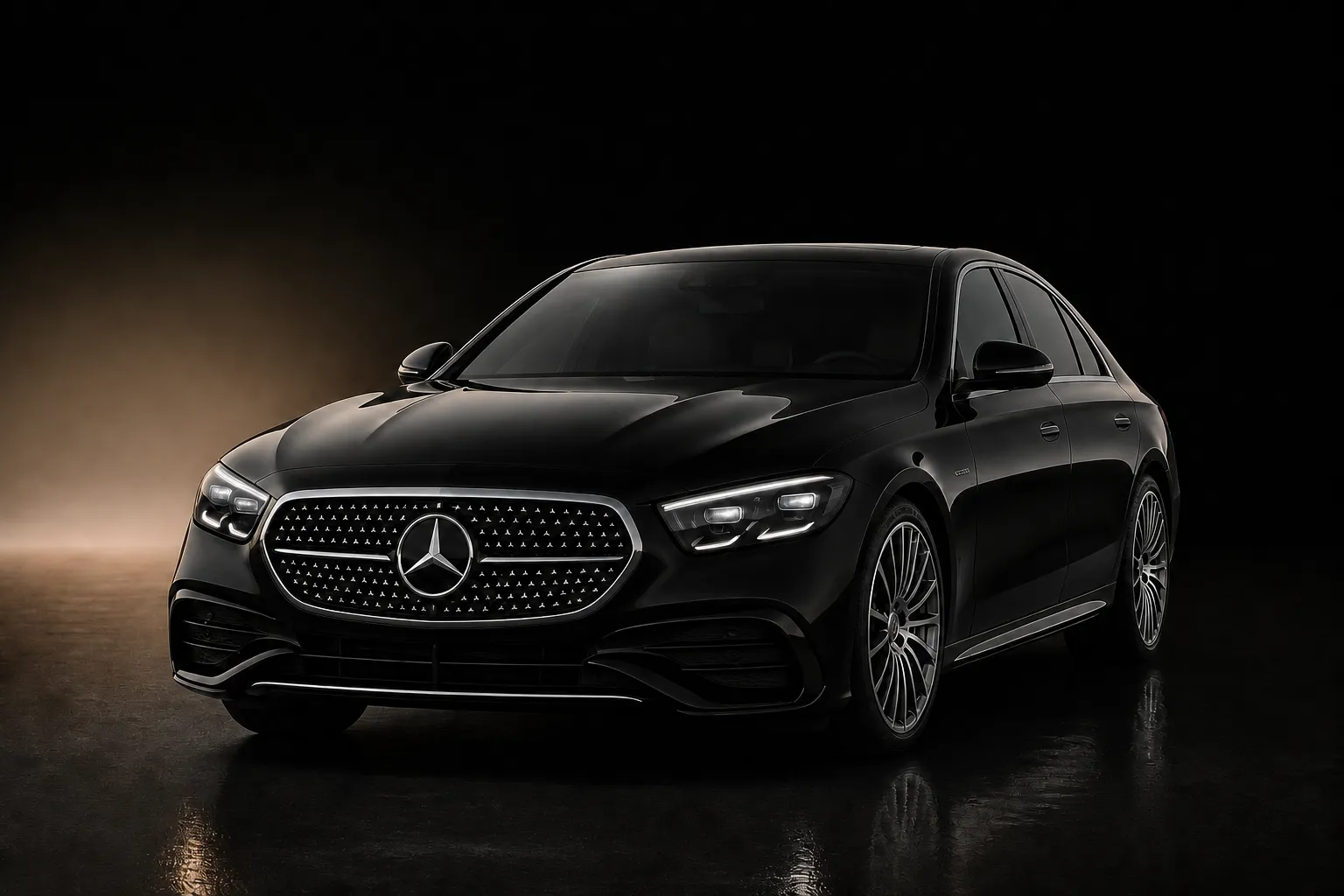 Schwarze Mercedes-Benz E-Klasse (Modelljahr 2026) für Chauffeur- und Flughafentransfer Frankfurt
